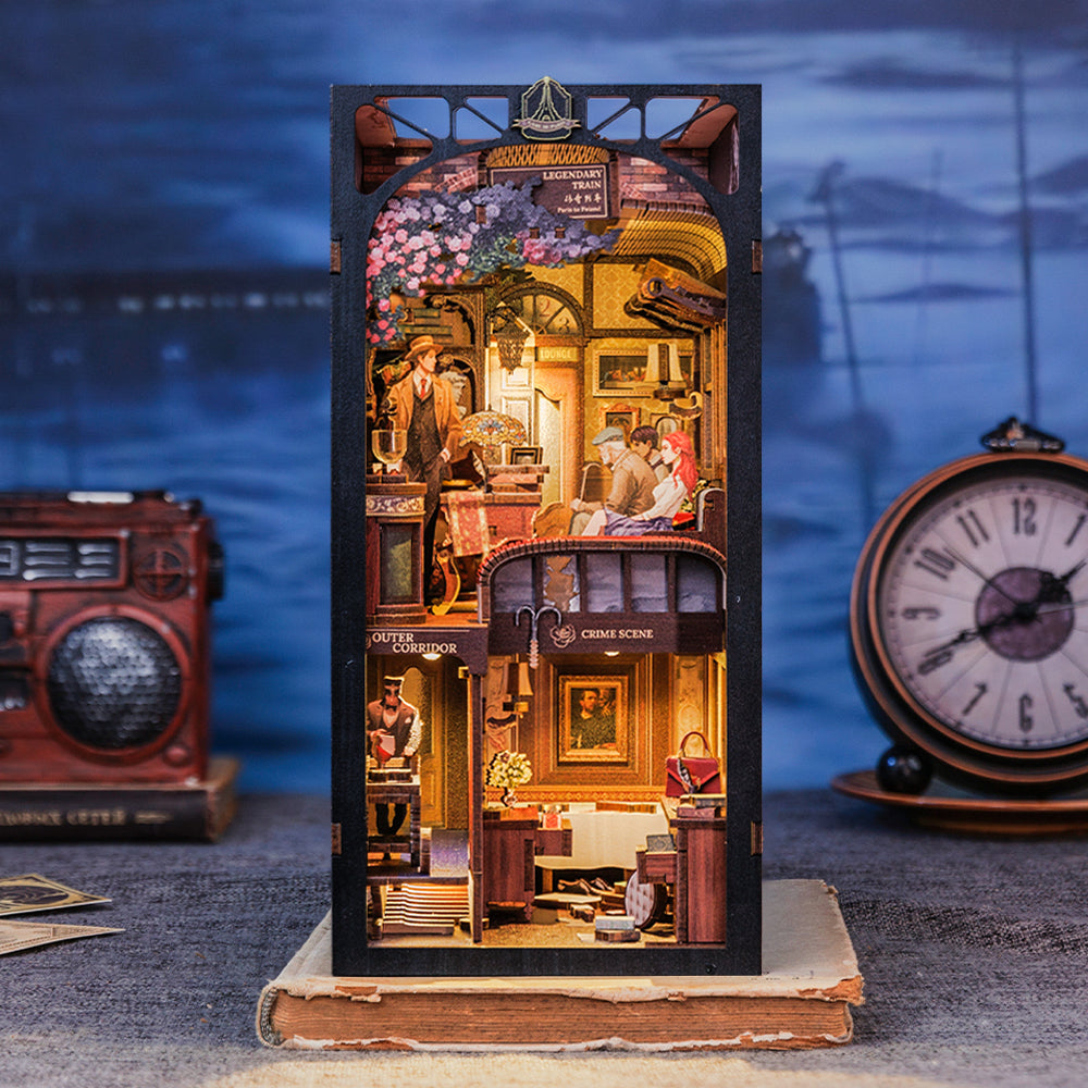 CUTEBEE Train Mystery finished book nook with glowing train carriage scene