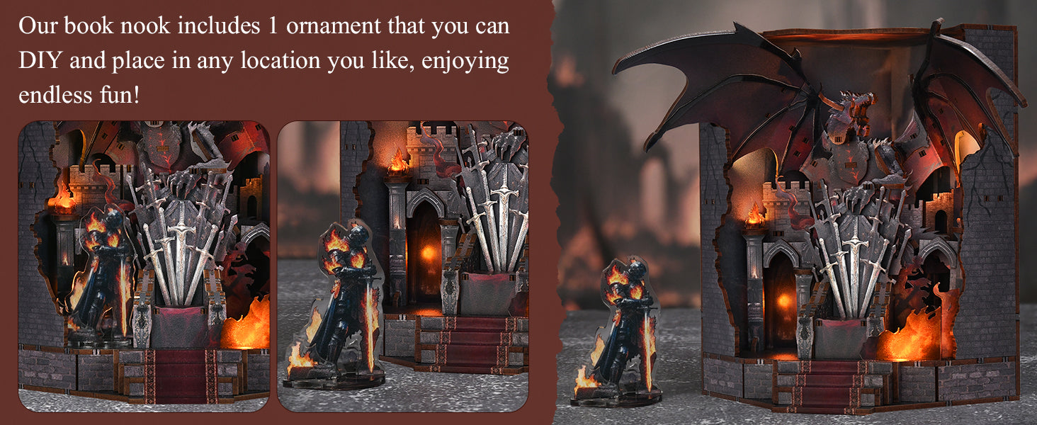 Close view of the dragon, throne and glowing fire details in Throne of Blades