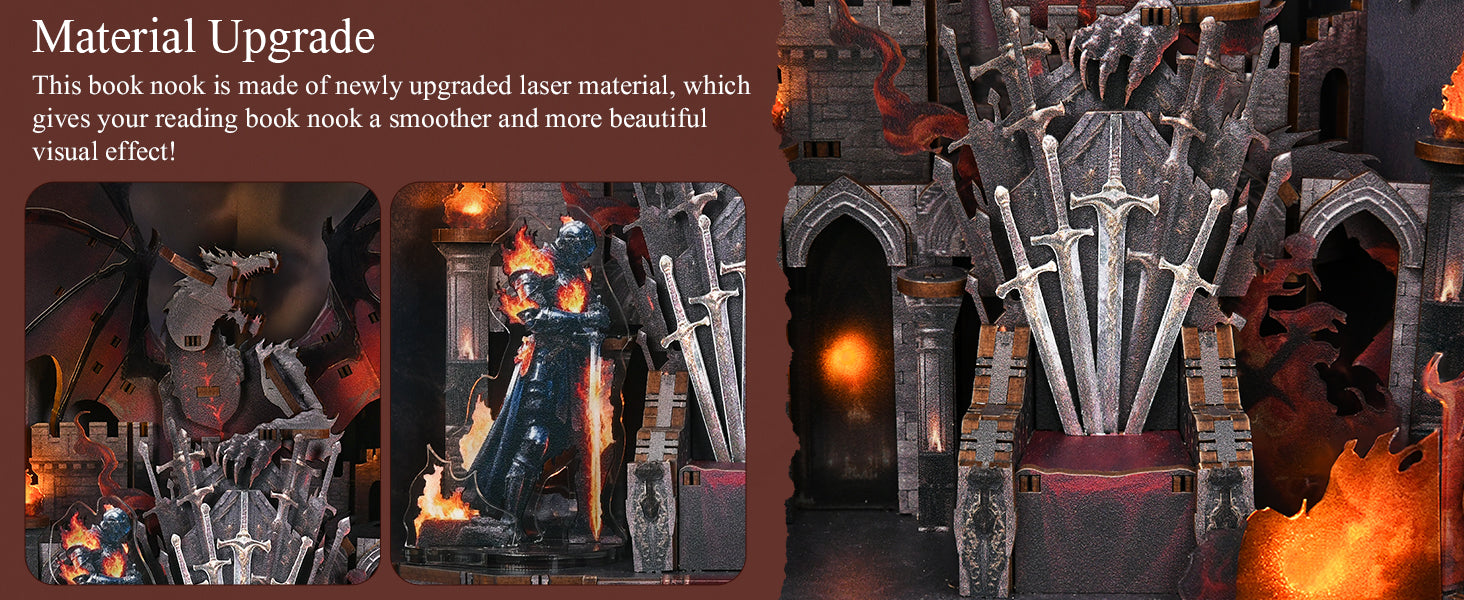 Layered fantasy castle scene and illuminated throne details