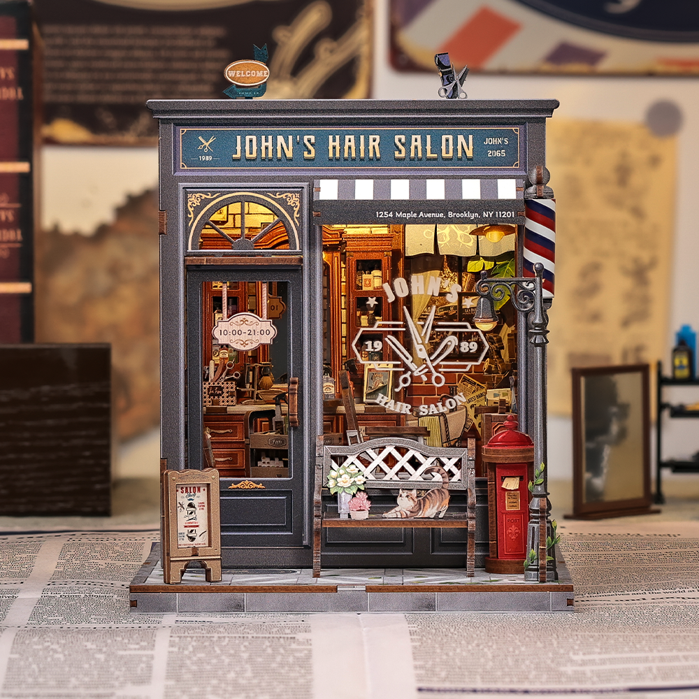CUTEBEE John’s Hair Salon Miniature House Kit completed display