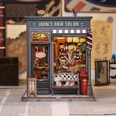 CUTEBEE John’s Hair Salon Miniature House Kit completed display