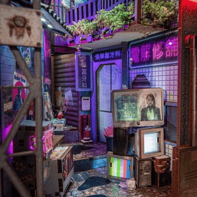 Close-up of Kowloon Walled City 2049 book nook interior with dental clinic signs and futuristic screen