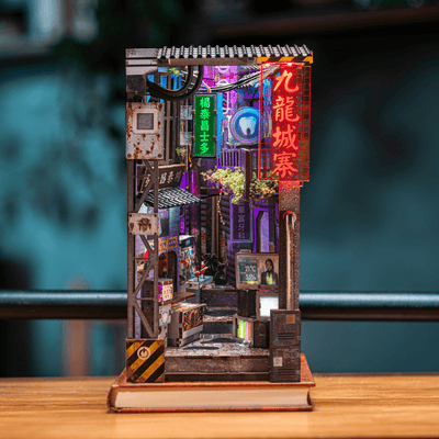 ANAVRIN Kowloon Walled City 2049 Book Nook Kit front view with red and green signboard lights