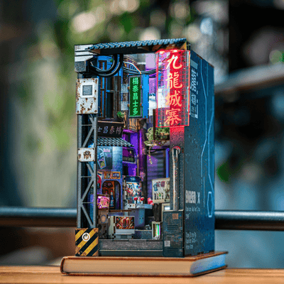 ANAVRIN Kowloon Walled City 2049 Book Nook Kit side view with glowing cyberpunk neon signs